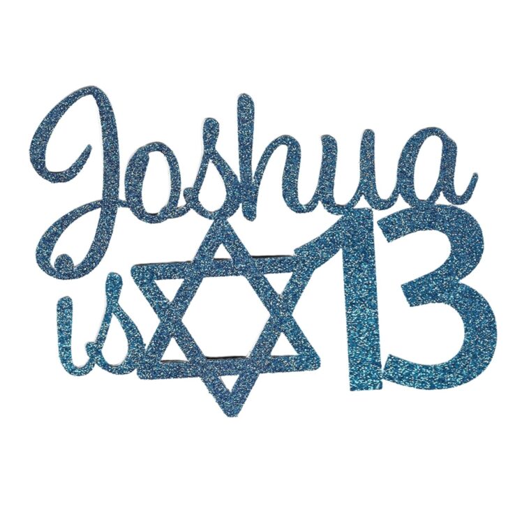 Boy Name is 13 Star of David Bar Mitzvah Personalized Double Sided Glitter Cake Topper