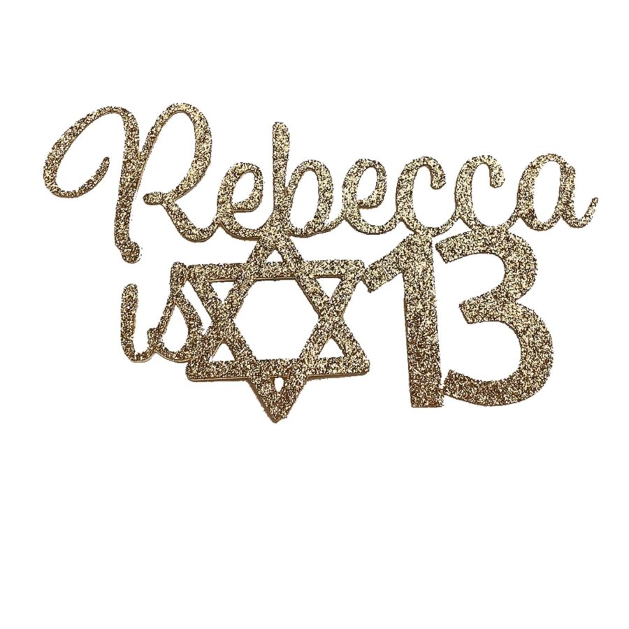 Girl Name is 13 Star of David Bat Mitzvah Personalized Double Sided Glitter Cake Topper