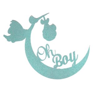 Oh Boy Baby Shower Crescent Moon Stork Baby Double Sided Glitter Cake Topper