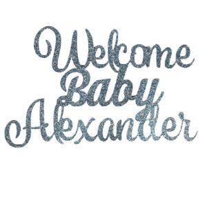 Welcome Baby Boy Name Personalized Double Sided Glitter Cake Topper Baby Shower