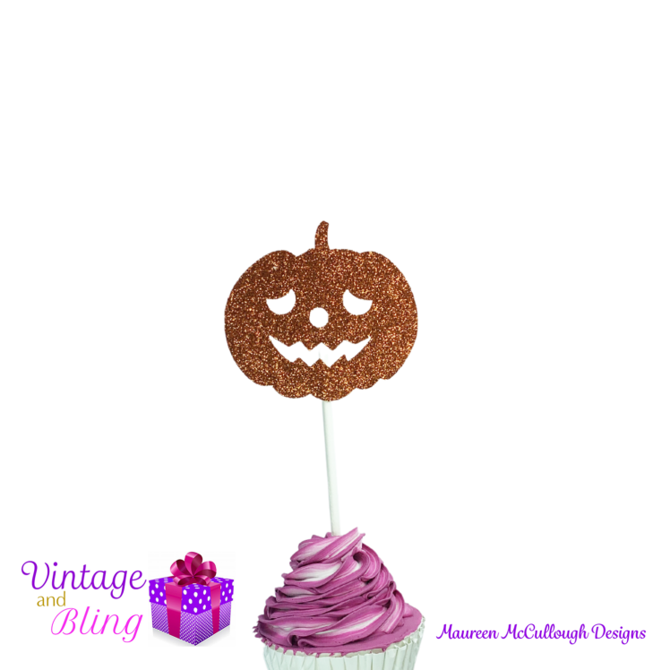 Halloween Glitter Cupcake Toppers - Pumpkin Ghost Black Cat Witch Style 03