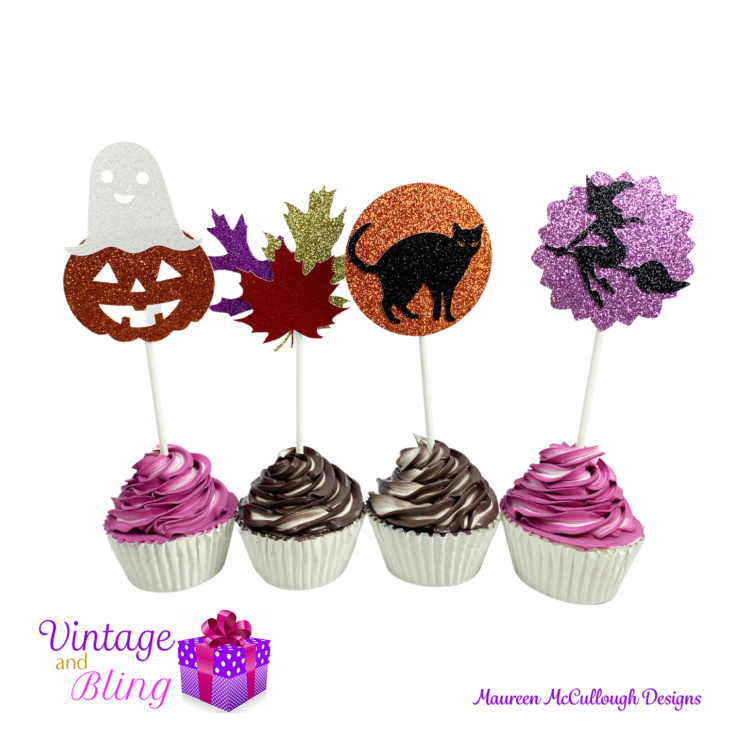 Halloween Glitter Cupcake Toppers - Pumpkin Ghost Fall Leaves Black Cat Witch Style 01