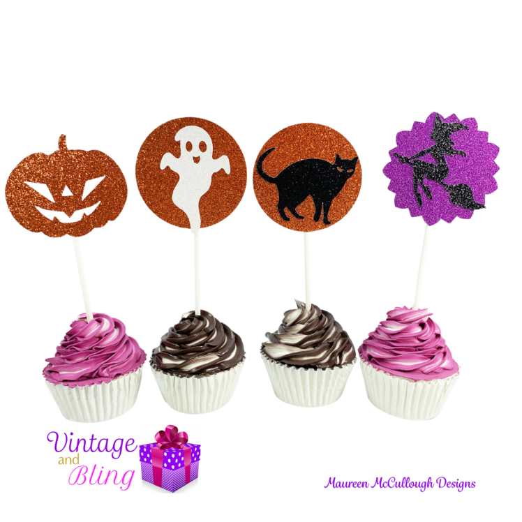 Halloween Glitter Cupcake Toppers Pumpkin Ghost Black Cat Witch Style 02