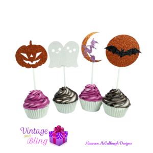 Halloween Glitter Cupcake Toppers - Pumpkin Ghost Bat Witch Style 07