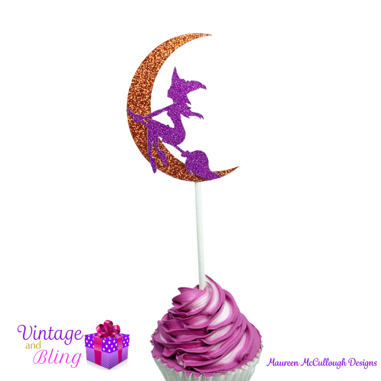 Halloween Glitter Cupcake Toppers - Pumpkin Ghost Bat Witch Style 05