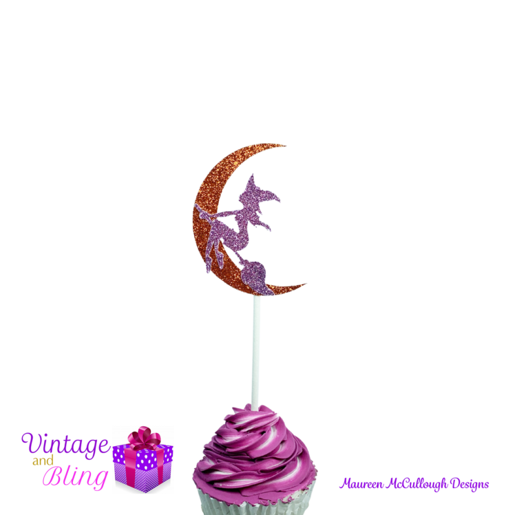 Halloween Glitter Cupcake Toppers - Pumpkin Ghost Bat Witch Style 07