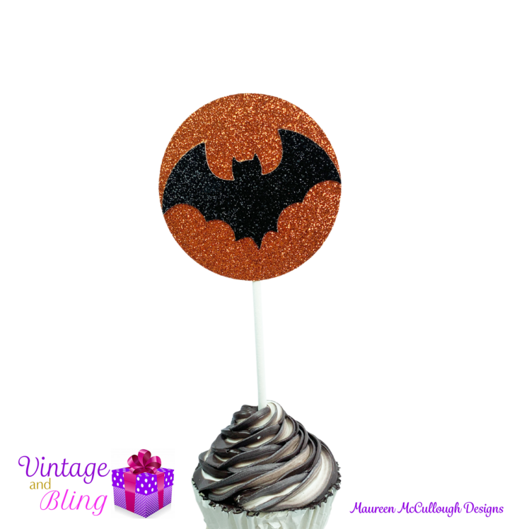 Halloween Glitter Cupcake Toppers - Pumpkin Ghost Bat Witch Style 08