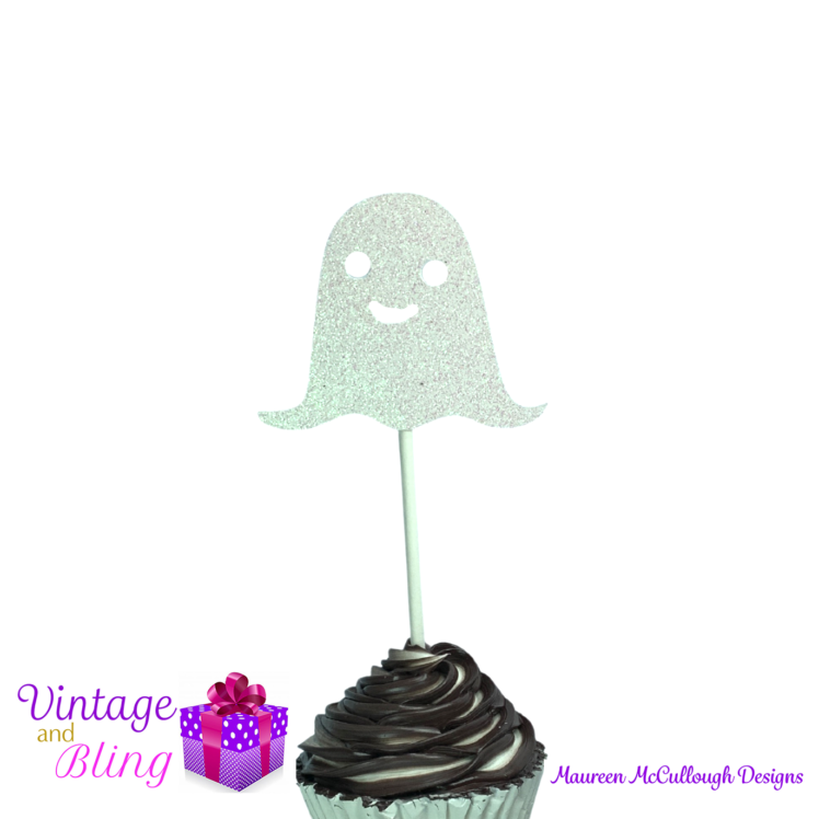 Halloween Glitter Cupcake Toppers - Pumpkin Ghost Black Cat Witch Style 04