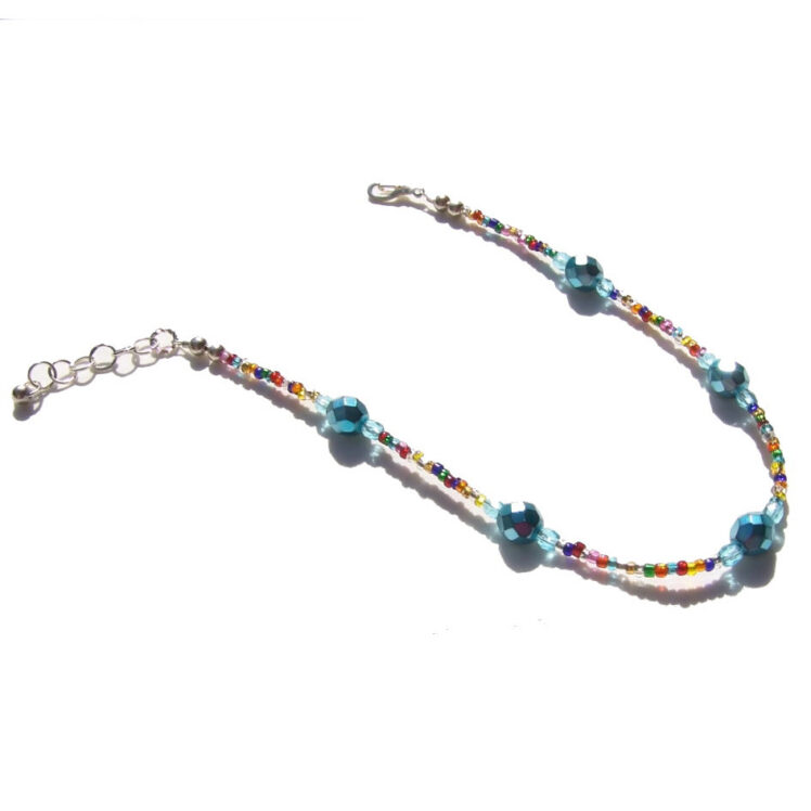Sky Blue Multicolor Crystal Beaded Ankle Bracelet Sterling Silver Adjustable Anklet 10 – 11