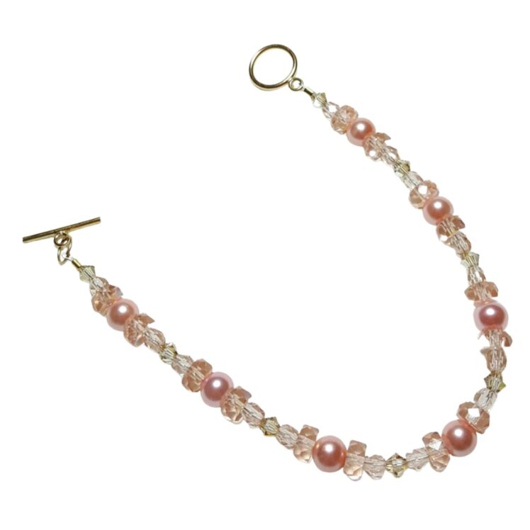 Beautiful Rose Pink Pearls Crystals Beaded Bracelet 14K