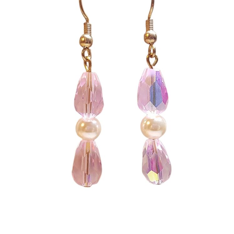 Cream Pearl Iridescent Pink Crystal Beaded Dangle Drop Earrings GF