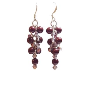 Burgundy Pearl Pink Crystal Cluster Beaded Dangle Drop Earrings