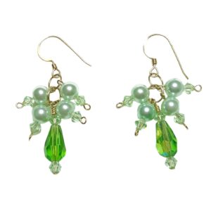 Mint Chrysolite Emerald Green Crystal Cluster Beaded Dangle Drop Earrings 14K