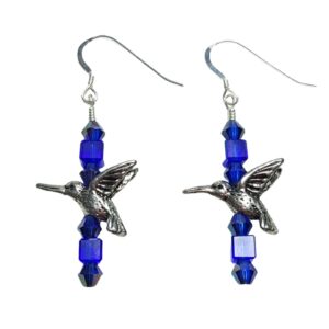 Sapphire Blue Crystal Hummingbird Beaded Dangle Drop Earrings