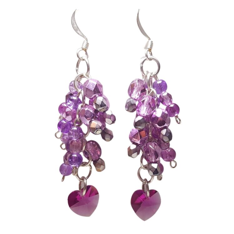 Pink and Fuchsia Crystal Heart Beaded Dangle Drop Chandelier Earrings