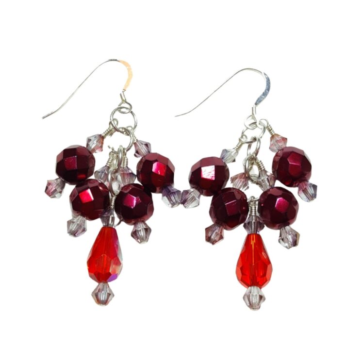 Ruby Red Crystal Cluster Beaded Dangle Drop Earrings