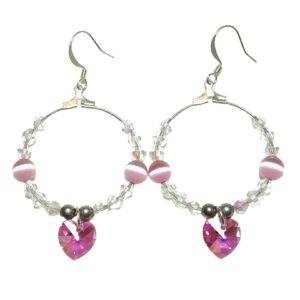 Pink Cats Eye Crystal Heart Beaded Dangle Hoop Earrings