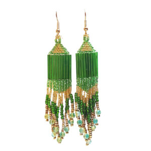 Emerald Green and Gold Southwestern Beaded Dangle Drop Chandelier Earrings