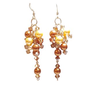 Bronze Gold Pearls Crystals Cluster Beaded Dangle Drop Chandelier Earrings 14K