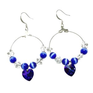 Heliotrope Blue Crystal Heart Beaded Dangle Hoop Earrings