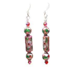 Red Crystal Floral Cloisonne Beaded Dangle Drop Earrings