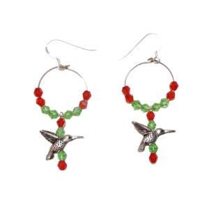 Red Green Aurora Borealis Crystal Hummingbird Beaded Dangle Hoop Earrings