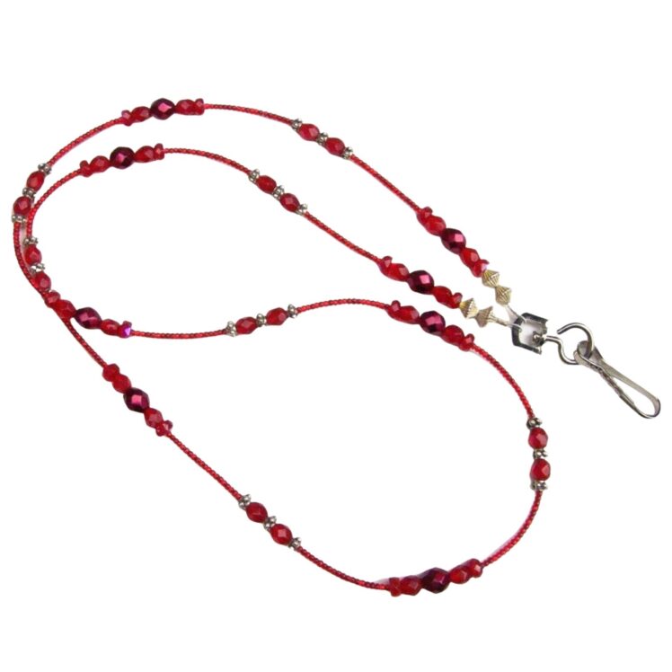 Ruby Red Crystals Sterling Silver Beaded Lanyard Badge ID Keychain