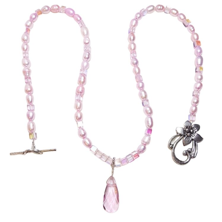 Pink Freshwater Pearls and Crystals Single Strand Statement Necklace