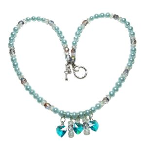 Turquoise Blue Pearls Crystal Hearts Single Strand Statement Necklace Earrings Set