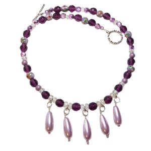 Amethyst Purple Crystals Cloisonne Pearls Single Strand Statement Choker Necklace