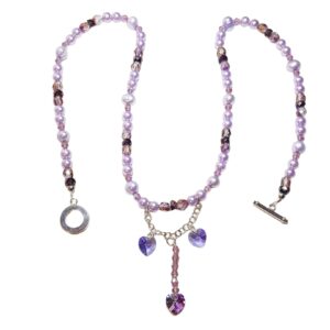 Lavender Freshwater Pearls Crystals Hearts Single Strand Statement Necklace