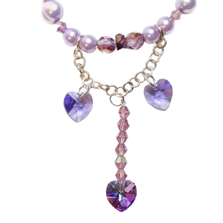 Lavender Freshwater Pearls Crystals Hearts Single Strand Statement Necklace