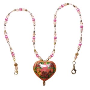 Pink Cats Eye and Crystal Single Strand Statement Necklace Cloisonne Heart Pendant