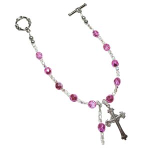 Watermelon Pink Metallic Crystal Rosary Bracelet Divine Mercy Chaplet