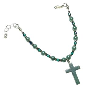 Teal Green Pearl Fancy Jasper Gemstone Cross Rosary Bracelet Divine Mercy Chaplet