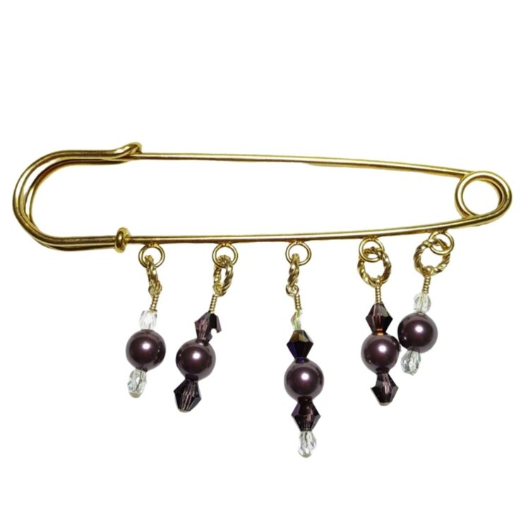 Burgundy Pearls and Crystals 14K Beaded Shawl Scarf Sweater Pin Brooch