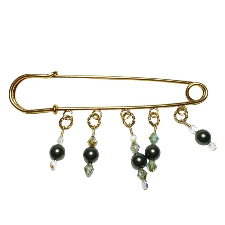 Olive Green Pearl Crystal 14K Beaded Shawl Scarf Sweater Pin Brooch