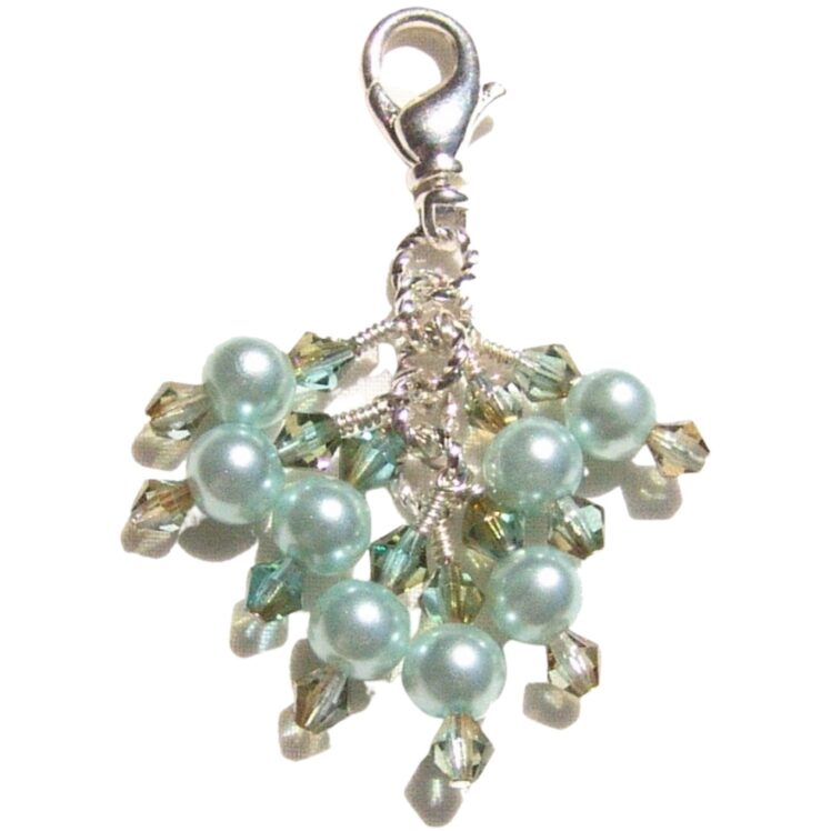 Beaded Purse Handbag Charm Zipper Pull Light Blue Pearls Crystals