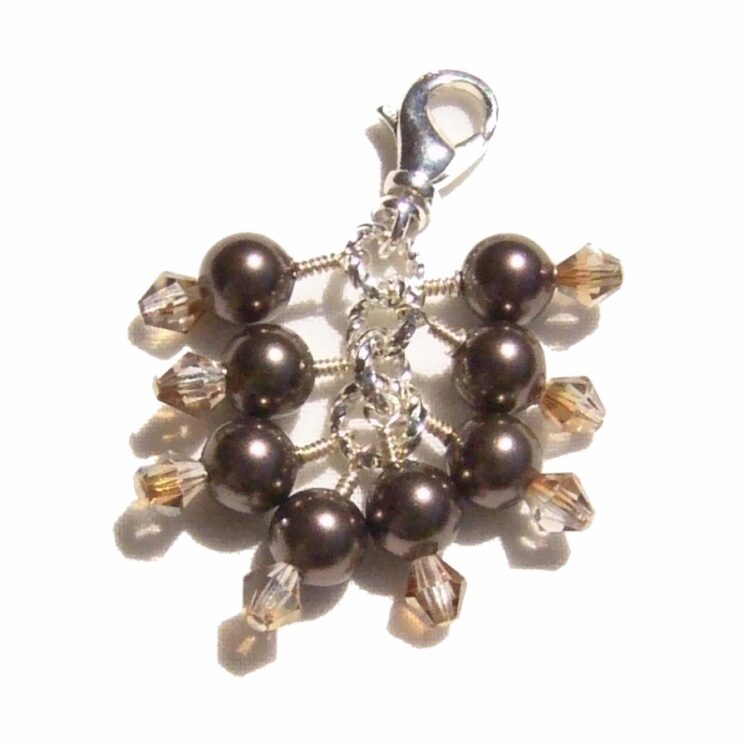 Beaded Purse Handbag Charm Zipper Pull Mocha Brown Pearls Crystals