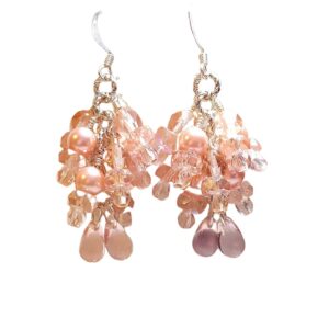 Antique Rose Pink Crystal Pearl Cluster Beaded Dangle Drop Earrings