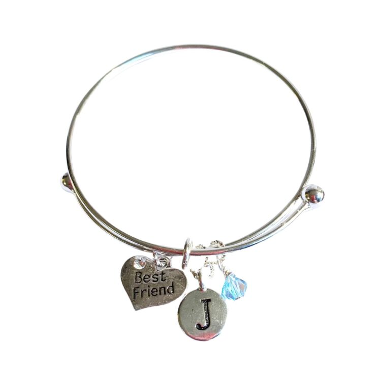 Birthstone Charm Initial Bangle Bracelet Best Friend Heart Style 02